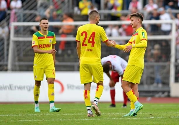 Dominick Drexler of 1. FC Koeln celebrates after scoring his teams fourth goal with teammates during the Pre-Season Friendly match between Fortuna...