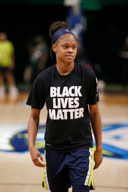 Moriah Jefferson of the Dallas Wings looks on before the game against the Las Vegas Aces on July 11, 2021 at the College Park Center in Arlington,...
