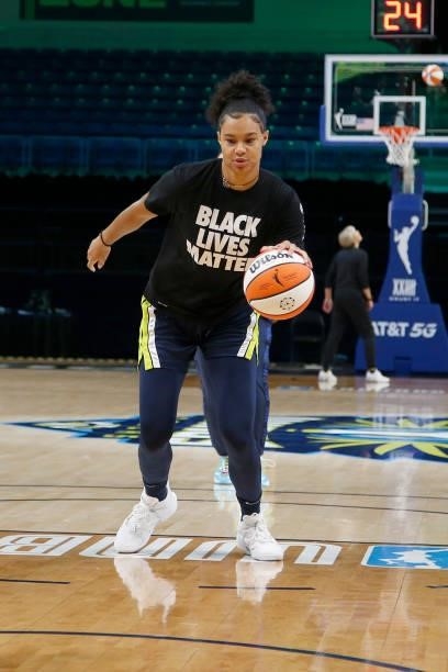Satou Sabally of the Dallas Wings handles the ball before the game against the Las Vegas Aces on July 11, 2021 at the College Park Center in...