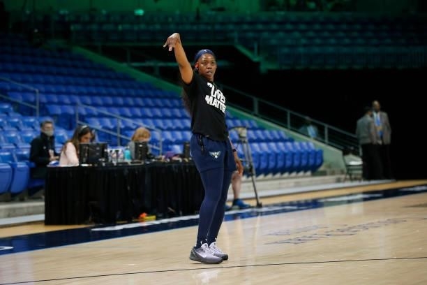 Arike Ogunbowale of the Dallas Wings shoots the ball before the game against the Las Vegas Aces on July 11, 2021 at the College Park Center in...