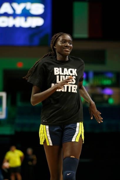 Awak Kuier of the Dallas Wings smiles before the game against the Las Vegas Aces on July 11, 2021 at the College Park Center in Arlington, TX. NOTE...