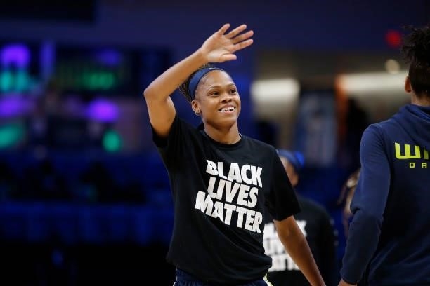 Moriah Jefferson of the Dallas Wings smiles before the game against the Las Vegas Aces on July 11, 2021 at the College Park Center in Arlington, TX....