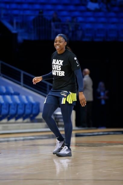 Arike Ogunbowale of the Dallas Wings smiles before the game against the Las Vegas Aces on July 11, 2021 at the College Park Center in Arlington, TX....