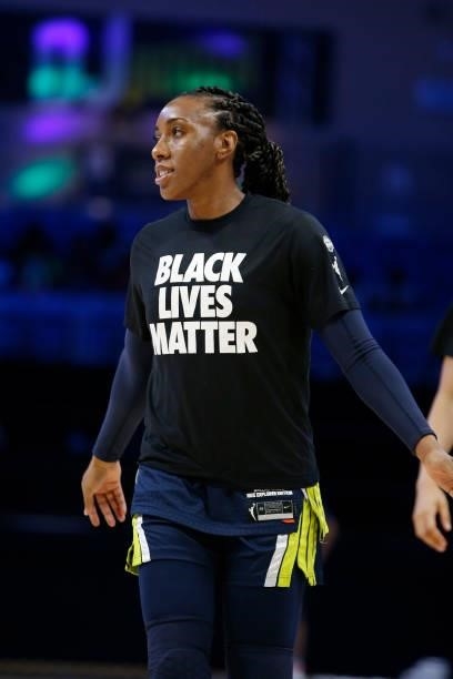 Kayla Thornton of the Dallas Wings looks on before the game against the Las Vegas Aces on July 11, 2021 at the College Park Center in Arlington, TX....