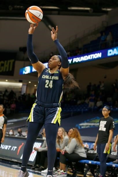 Arike Ogunbowale of the Dallas Wings shoots the ball against the Las Vegas Aces on July 11, 2021 at the College Park Center in Arlington, TX. NOTE TO...