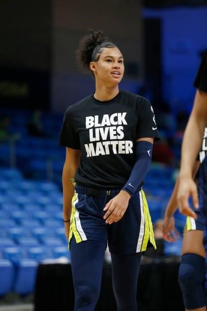 Satou Sabally of the Dallas Wings looks on before the game against the Las Vegas Aces on July 11, 2021 at the College Park Center in Arlington, TX....