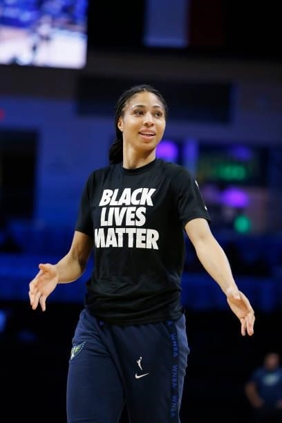 Isabelle Harrison of the Dallas Wings looks on before the game against the Las Vegas Aces on July 11, 2021 at the College Park Center in Arlington,...
