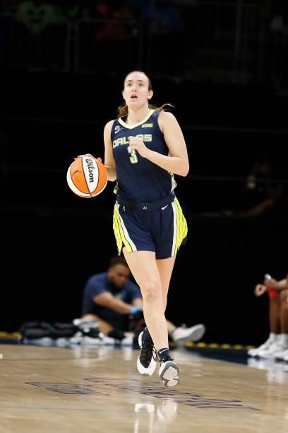 Marina Mabrey of the Dallas Wings dribbles the ball against the Las Vegas Aces on July 11, 2021 at the College Park Center in Arlington, TX. NOTE TO...
