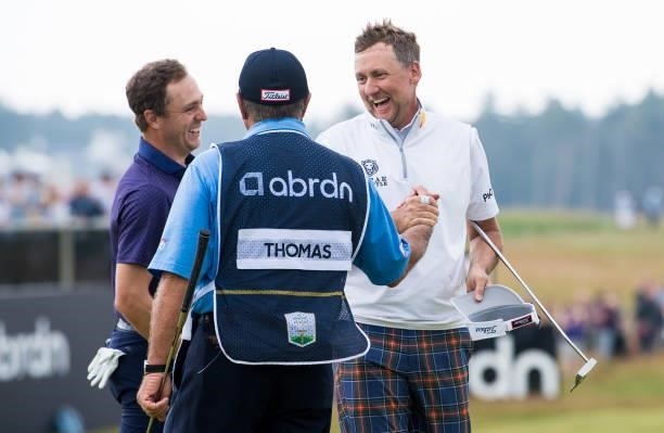 Ian Poulter is pictured with Justin Thomas during day four of the abrdn Scottish Open at the Renaissance Club, on July 11 in North Berwick, Scotland.