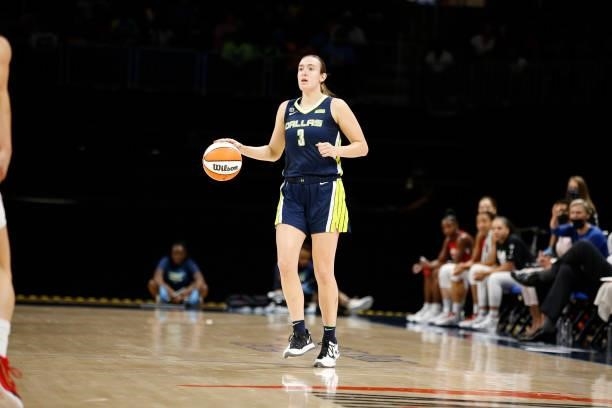 Marina Mabrey of the Dallas Wings dribbles the ball against the Las Vegas Aces on July 11, 2021 at the College Park Center in Arlington, TX. NOTE TO...