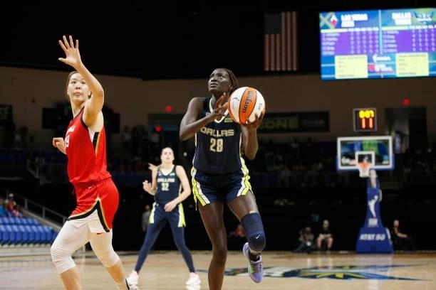 Awak Kuier of the Dallas Wings drives to the basket against the Las Vegas Aces on July 11, 2021 at the College Park Center in Arlington, TX. NOTE TO...