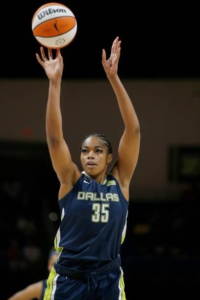 Charli Collier of the Dallas Wings shoots a free throw against the Las Vegas Aces on July 11, 2021 at the College Park Center in Arlington, TX. NOTE...
