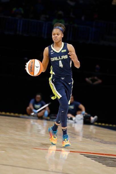 Moriah Jefferson of the Dallas Wings dribbles the ball against the Las Vegas Aces on July 11, 2021 at the College Park Center in Arlington, TX. NOTE...
