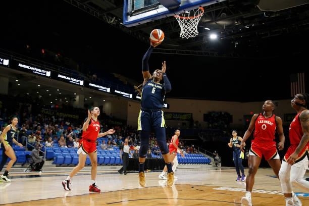 Kayla Thornton of the Dallas Wings drives to the basket against the Las Vegas Aces on July 11, 2021 at the College Park Center in Arlington, TX. NOTE...