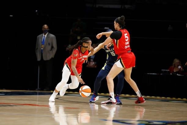 Riquna Williams of the Las Vegas Aces dribbles the ball against the Dallas Wings on July 11, 2021 at the College Park Center in Arlington, TX. NOTE...
