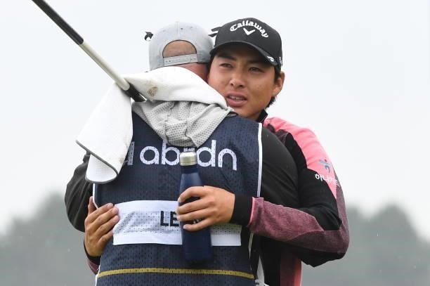 Min-Woo Lee celebrates after winning the Scottish Open during day four of the abrdn Scottish Open at the Renaissance Club, on July 11 in North...