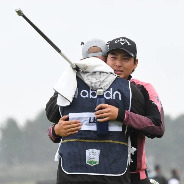 Min-Woo Lee celebrates after winning the Scottish Open during day four of the abrdn Scottish Open at the Renaissance Club, on July 11 in North...