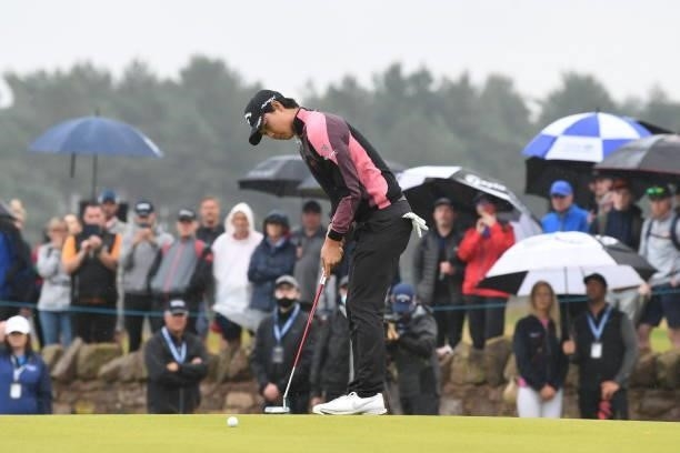 Min-Woo Lee putts to win the Scottish Open is pictured during day four of the abrdn Scottish Open at the Renaissance Club, on July 11 in North...