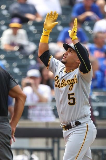 Michael Perez of the Pittsburgh Pirates gestures after he hit a home run against the New York Mets during the fifth inning of a game at Citi Field on...