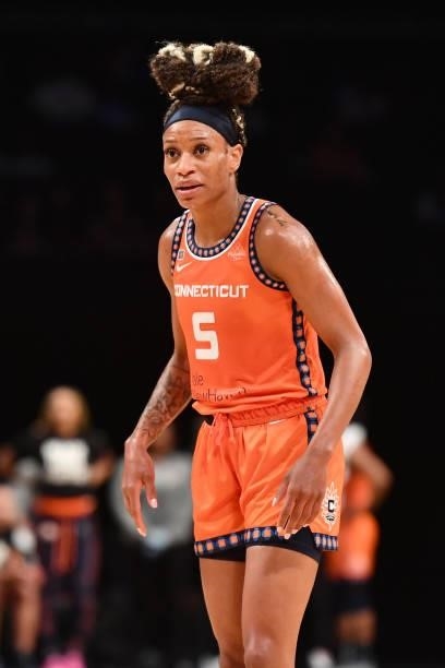 Jasmine Thomas of the Connecticut Sun looks on during the game against the New York Liberty on July 11, 2021 at the Barclays Center in Brooklyn, New...