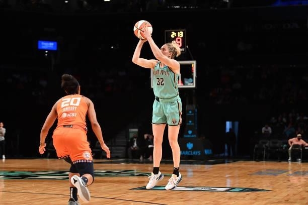 Sami Whitcomb of the New York Liberty shoots the ball against the Connecticut Sun on July 11, 2021 at the Barclays Center in Brooklyn, New York. NOTE...
