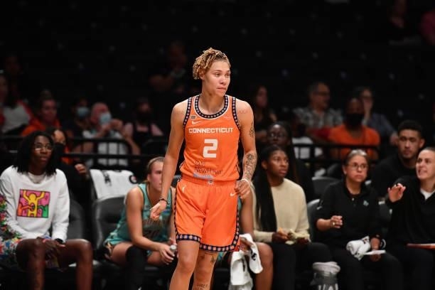 Natisha Hiedeman of the Connecticut Sun looks on during the game against the New York Liberty on July 11, 2021 at the Barclays Center in Brooklyn,...