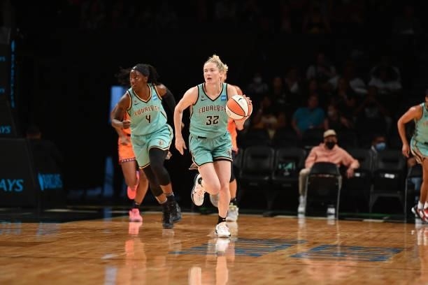 Sami Whitcomb of the New York Liberty dribbles the ball against the Connecticut Sun on July 11, 2021 at the Barclays Center in Brooklyn, New York....
