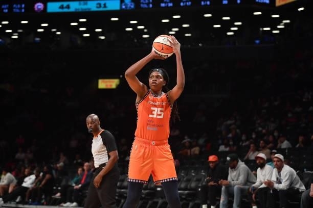 Jonquel Jones of the Connecticut Sun looks to shoot the ball against the New York Liberty on July 11, 2021 at the Barclays Center in Brooklyn, New...