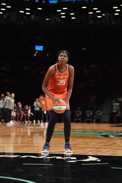 Jonquel Jones of the Connecticut Sun shoots a free throw against the New York Liberty on July 11, 2021 at the Barclays Center in Brooklyn, New York....
