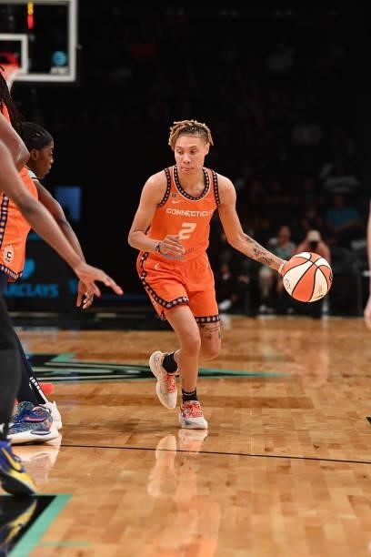 Natisha Hiedeman of the Connecticut Sun dribbles the ball against the New York Liberty on July 11, 2021 at the Barclays Center in Brooklyn, New York....