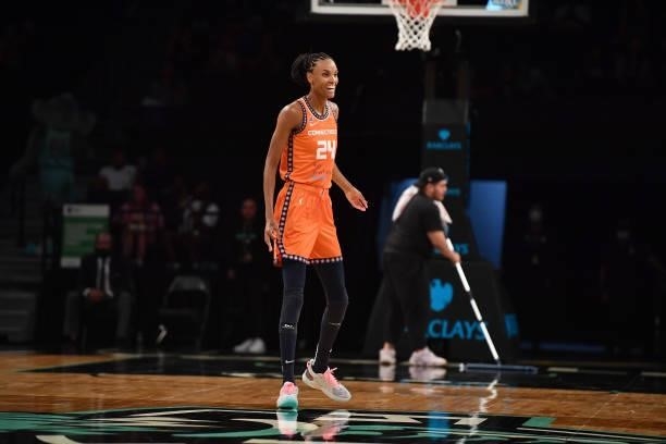 DeWanna Bonner of the Connecticut Sun smiles during the game against the New York Liberty on July 11, 2021 at the Barclays Center in Brooklyn, New...
