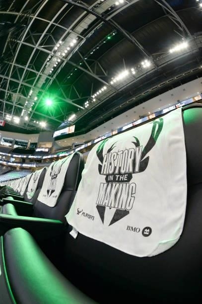 Close up view of the towels for fans before the game between the Phoenix Suns and Milwaukee Bucks during Game Three of the 2021 NBA Finals on July...