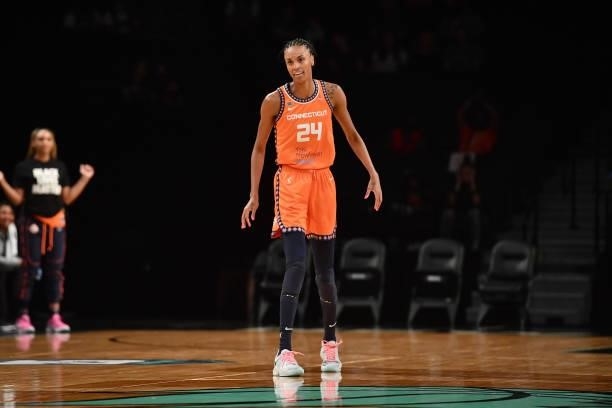 DeWanna Bonner of the Connecticut Sun looks on during the game against the New York Liberty on July 11, 2021 at the Barclays Center in Brooklyn, New...