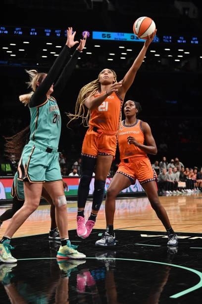 DiJonai Carrington of the Connecticut Sun shoots the ball against the New York Liberty on July 11, 2021 at the Barclays Center in Brooklyn, New York....