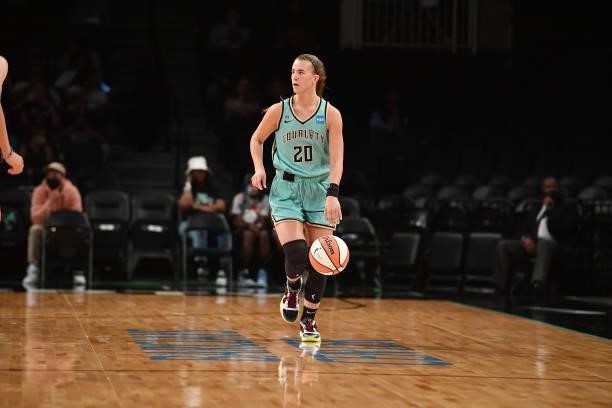 Sabrina Ionescu of the New York Liberty dribbles the ball against the Connecticut Sun on July 11, 2021 at the Barclays Center in Brooklyn, New York....
