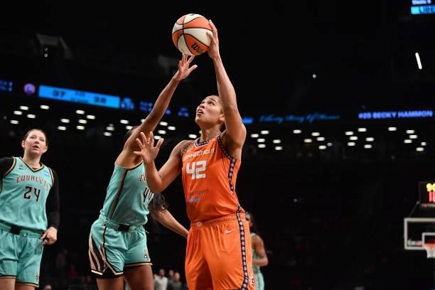 Brionna Jones of the Connecticut Sun shoots the ball against the New York Liberty on July 11, 2021 at the Barclays Center in Brooklyn, New York. NOTE...