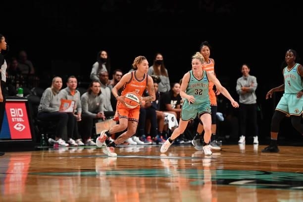Natisha Hiedeman of the Connecticut Sun handles the ball against the New York Liberty on July 11, 2021 at the Barclays Center in Brooklyn, New York....