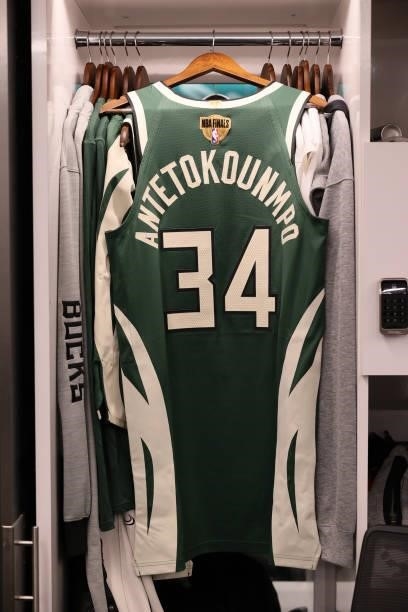 The jersey of Giannis Antetokounmpo of the Milwaukee Bucks in the locker room prior to the game against the Phoenix Suns during Game Three of the...