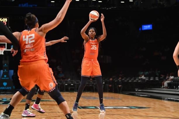 Jonquel Jones of the Connecticut Sun shoots the ball against the New York Liberty on July 11, 2021 at the Barclays Center in Brooklyn, New York. NOTE...