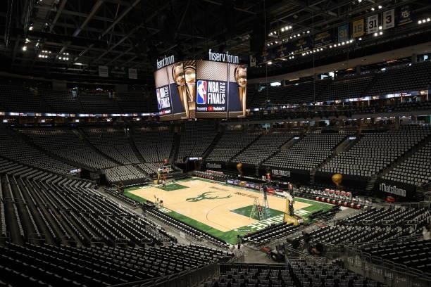 View of the Fiserv Forum Center prior to Game Three of the 2021 NBA Finals between the Phoenix Suns and the Milwaukee Bucks on July 11, 2021 at the...