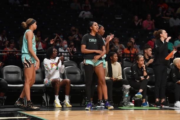DiDi Richards of the New York Liberty celebrates during the game against the Connecticut Sun on July 11, 2021 at the Barclays Center in Brooklyn, New...