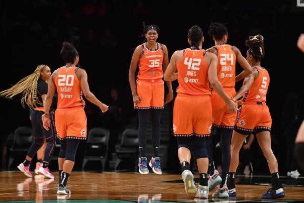 Jonquel Jones of the Connecticut Sun celebrates during the game against the New York Liberty on July 11, 2021 at the Barclays Center in Brooklyn, New...