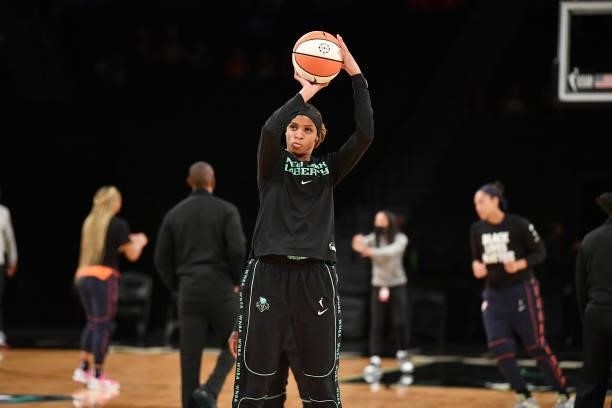 Leaonna Odom of the New York Liberty shoots the ball before the game against the Connecticut Sun on July 11, 2021 at the Barclays Center in Brooklyn,...