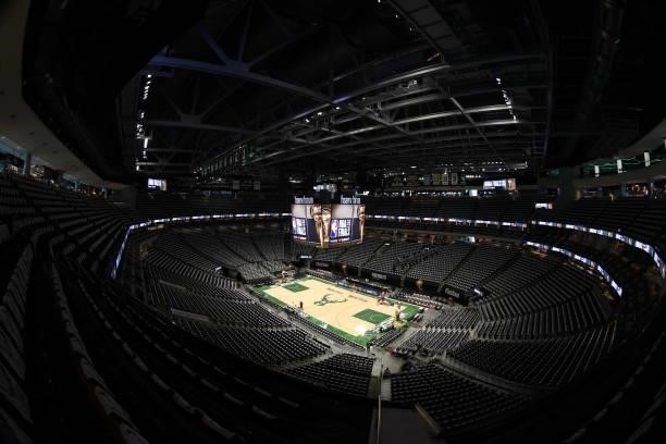View of the Fiserv Forum Center prior to Game Three of the 2021 NBA Finals between the Phoenix Suns and the Milwaukee Bucks on July 11, 2021 at the...