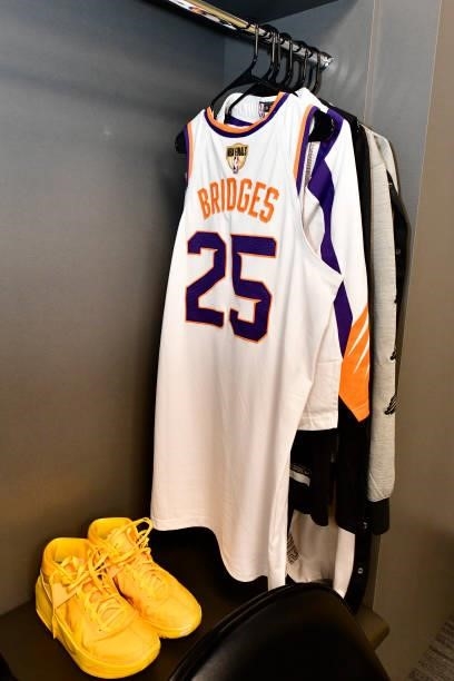July 11: The jersey of Mikal Bridges of the Phoenix Suns in the locker room prior to the game against the Milwaukee Bucks during Game Three of the...