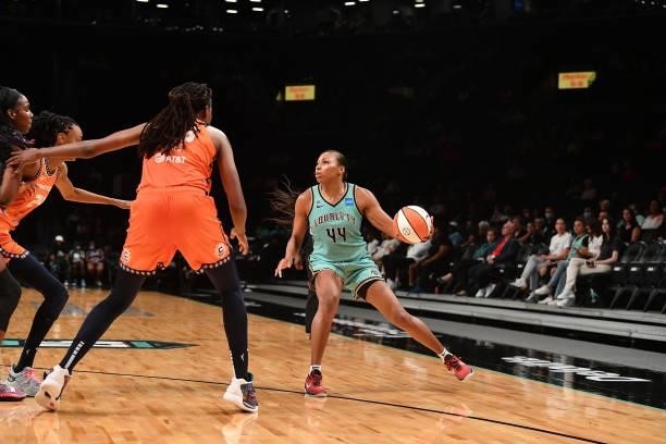 Betnijah Laney of the New York Liberty handles the ball against the Connecticut Sun on July 11, 2021 at the Barclays Center in Brooklyn, New York....
