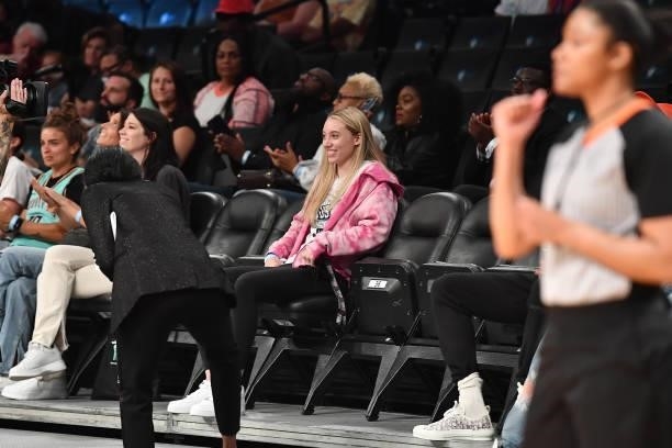 UConn Huskies player, Paige Bueckers attends the game between the Connecticut Sun and the New York Liberty on July 11, 2021 at the Barclays Center in...