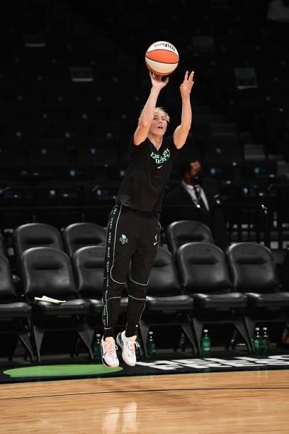 Sami Whitcomb of the New York Liberty shoots the ball before the game against the Connecticut Sun on July 11, 2021 at the Barclays Center in...