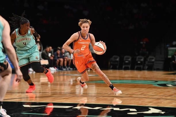 Natisha Hiedeman of the Connecticut Sun drives to the basket against the New York Liberty on July 11, 2021 at the Barclays Center in Brooklyn, New...