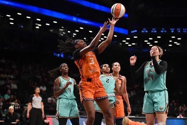Kaila Charles of the Connecticut Sun shoots the ball against the New York Liberty on July 11, 2021 at the Barclays Center in Brooklyn, New York. NOTE...